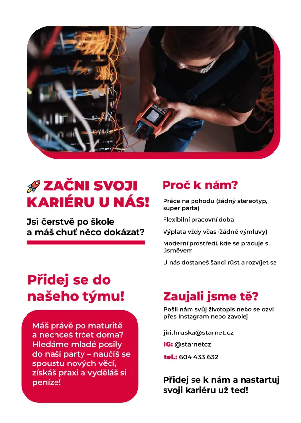 Náborový leták Starnet pro absolventy škol „Začni svoji kariéru u nás“ s fotografií technika v rozvaděči.