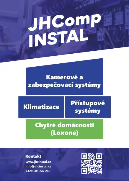 Prezentační leták firmy JHComp Instal – kamerové a zabezpečovací systémy, klimatizace a chytré domácnosti Loxone.