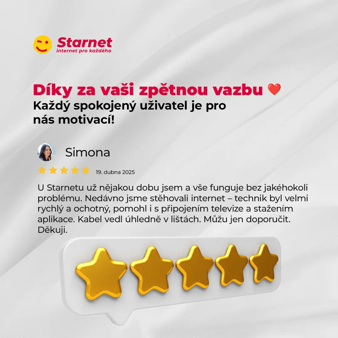 Grafika pro sociální sítě s pětihvězdičkovou recenzí spokojené zákaznice poskytovatele internetu Starnet.