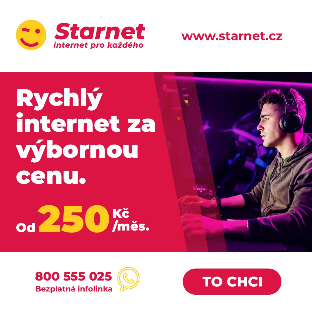 Kampaňová grafika Starnet cílená na hráče — rychlý internet od 250 Kč/měs. s gamerem ve sluchátkách.