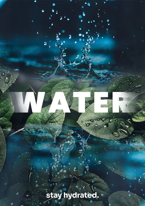 Designový plakát „Water — stay hydrated“ s motivem vodní kapky a listů jako ukázka volné grafické tvorby.