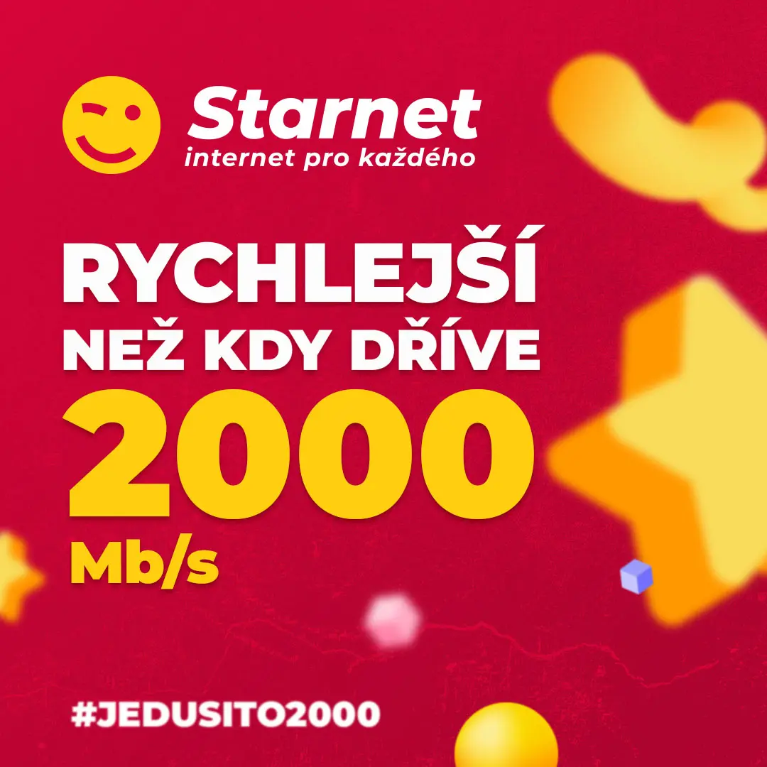 Reklamní příspěvek Starnet propagující rychlost optického internetu 2000 Mb/s s hashtagem #JEDUSITO2000.