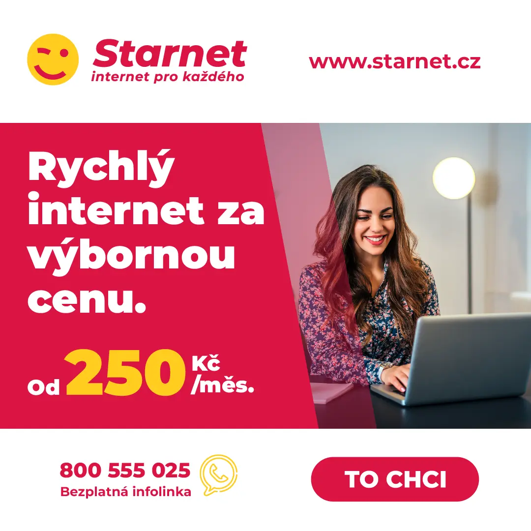 Reklamní vizuál Starnet – rychlý internet od 250 Kč/měs. s fotografií usmívající se ženy u notebooku.