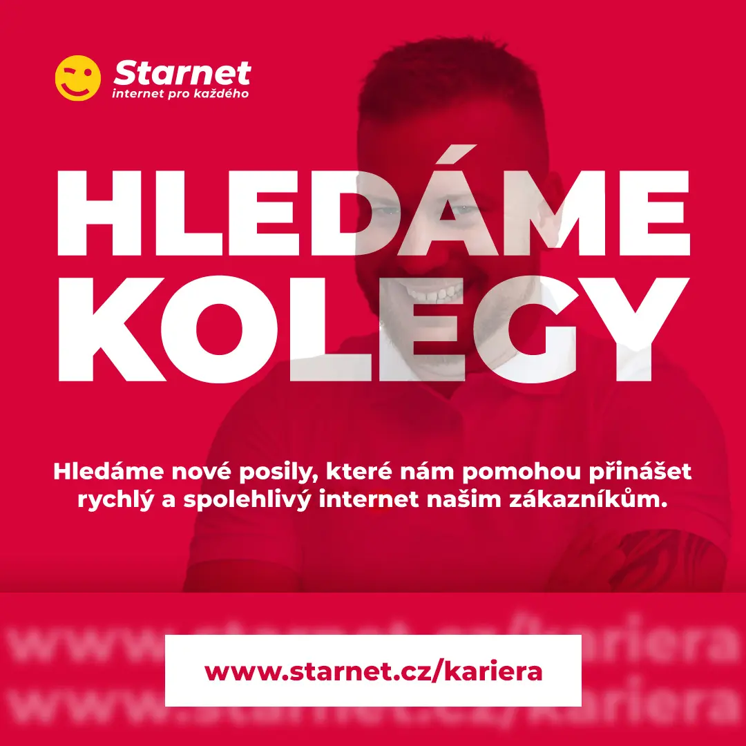 Náborová grafika Starnet „Hledáme kolegy“ s odkazem na kariérní stránku starnet.cz/kariera.