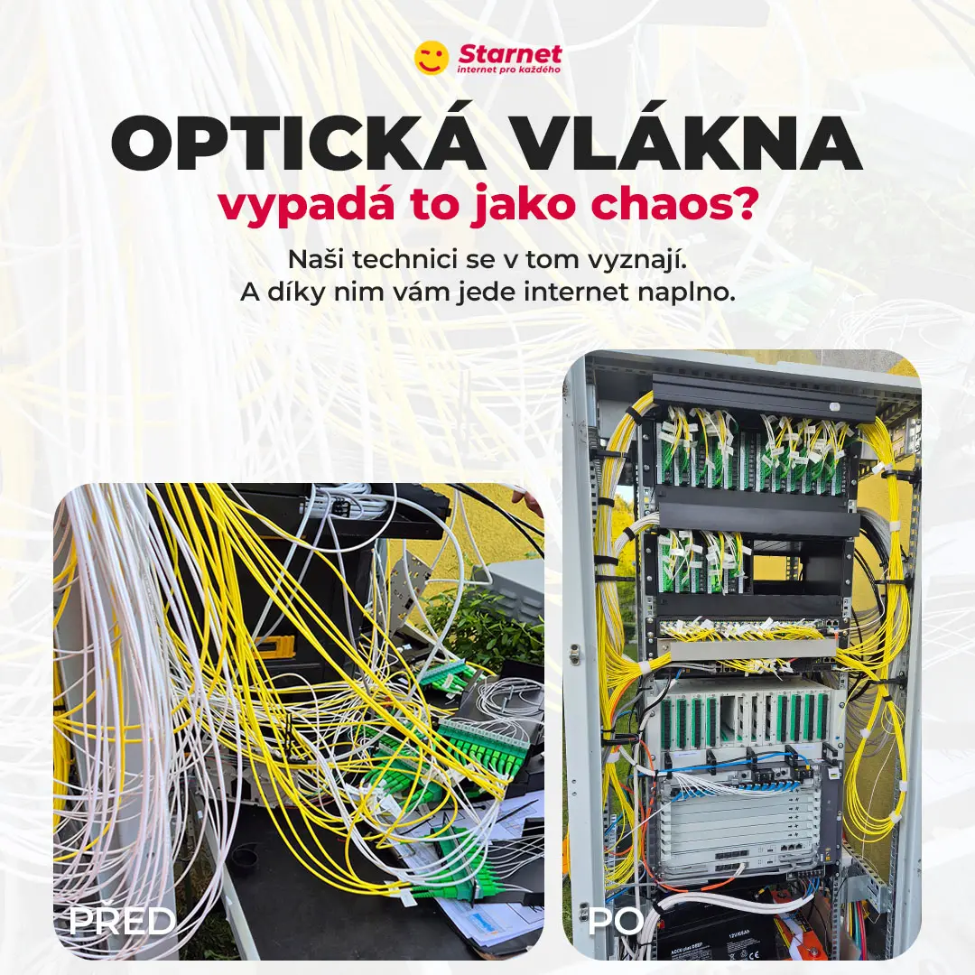 Edukativní post Starnet o optických vláknech s porovnáním rozvaděče před a po zásahu technika.