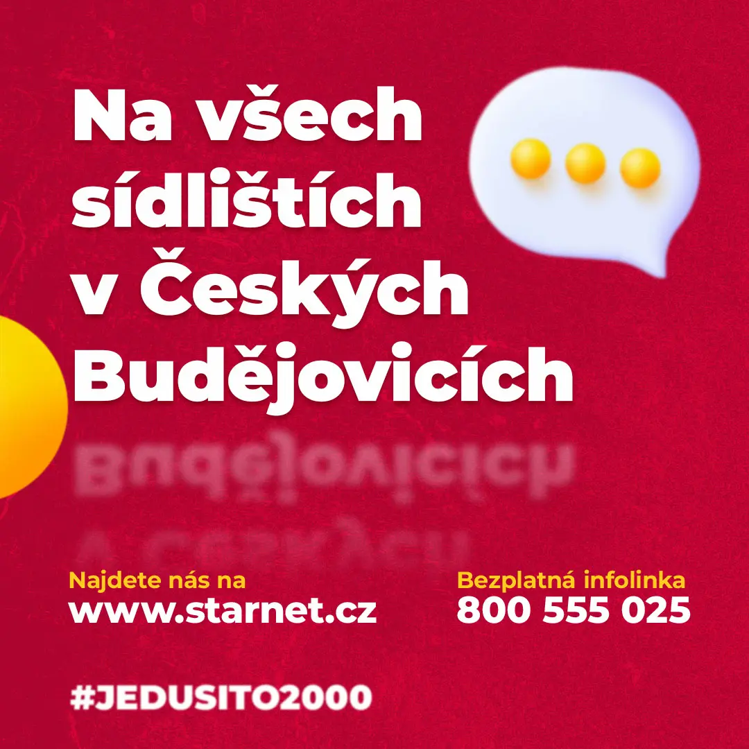Grafika oznamující dostupnost rychlého internetu Starnet na všech sídlištích v Českých Budějovicích.