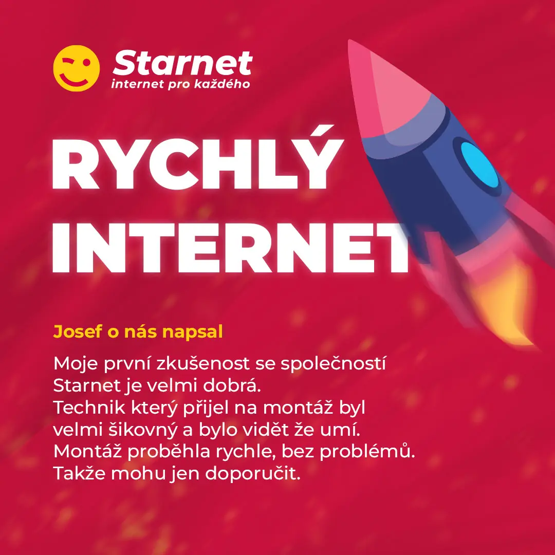 Příspěvek s recenzí zákazníka Josefa na rychlý internet Starnet doplněný ilustrací rakety.