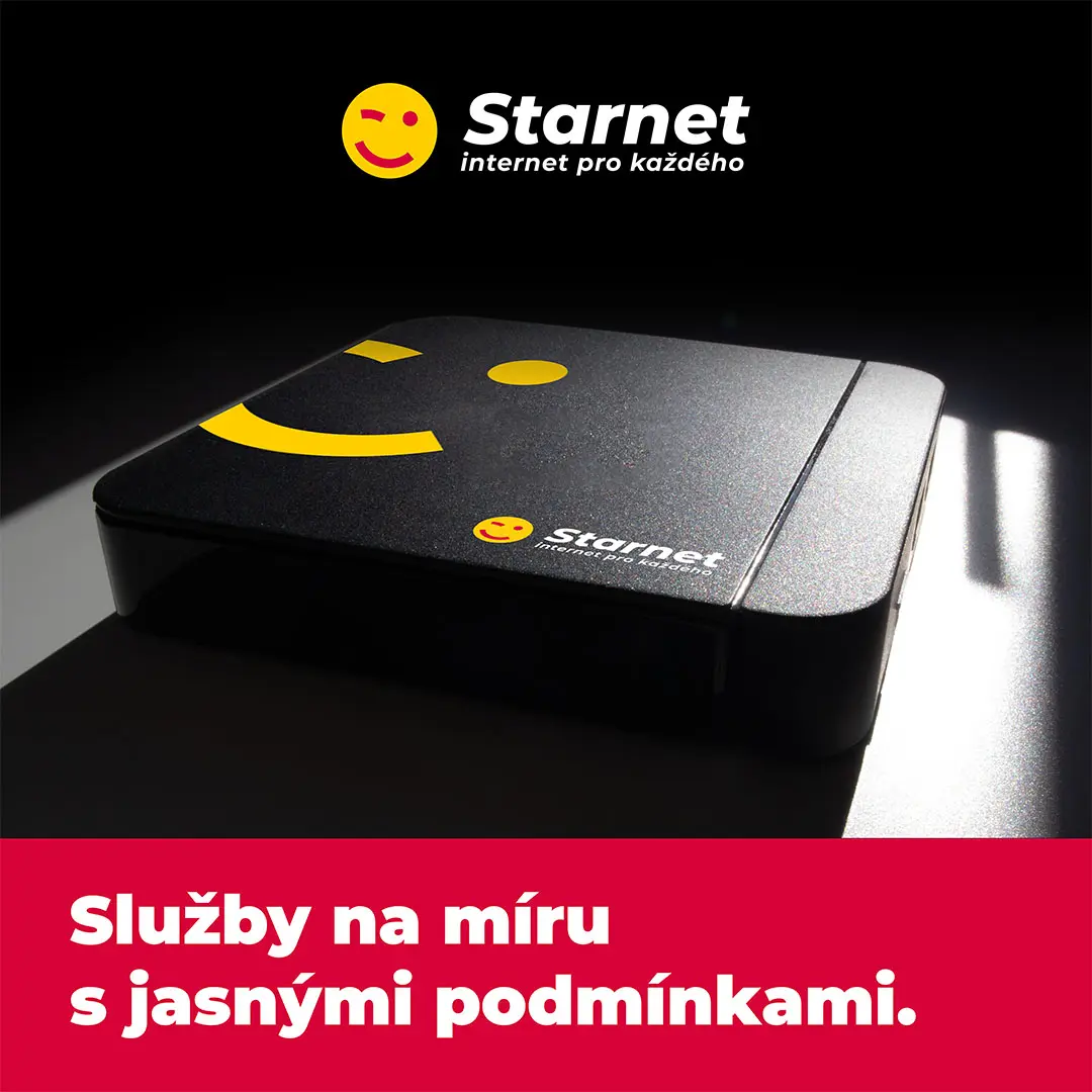 Produktová grafika set-top boxu Starnet doplněná sloganem „Služby na míru s jasnými podmínkami.“.