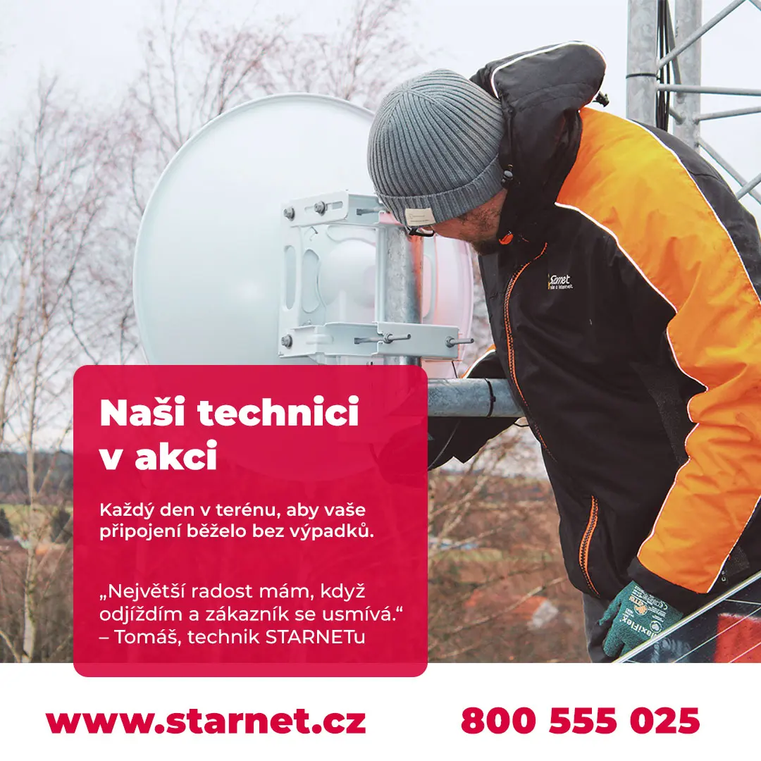 Reportážní příspěvek „Naši technici v akci“ – technik Starnetu při instalaci parabolické antény na vysílači.