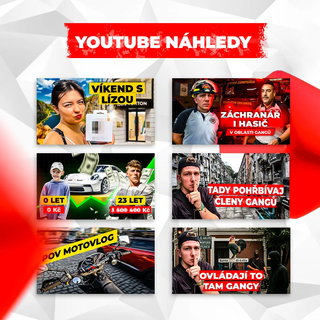 Portfolio příspěvek s ukázkami YouTube náhledů – grafický design thumbnailů pro tvůrce obsahu.